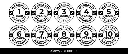 Garantiezeitraum Schwarz-weiß-Vektor-Symbolsatz 1 bis 10 Jahre Stock Vektor