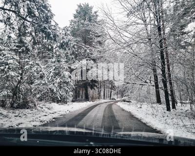 Fahren auf kurviger Straße durch den Winterwald. Eine schmale Straße in verschneiten Wäldern, umgeben von Kiefern und Buschbäumen. Stockfoto
