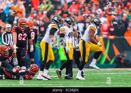 14. Oktober 2018: Pittsburgh Steelers Defensive End Stephon Tuitt (91) reagiert, nachdem er Cincinnati Bengals Quarterback Andy Dalton (14) in einem Spiel zwischen den Pittsburgh Steelers und den Cincinnati Bengals im Paul Brown Stadium in Cincinnati, OH, entlassen hat. Die Steelers gewannen mit 28:21. Adam Lacy/CSM(Credit Image: &Copy; Adam Lacy/CSM via ZUMA Wire) Stockfoto