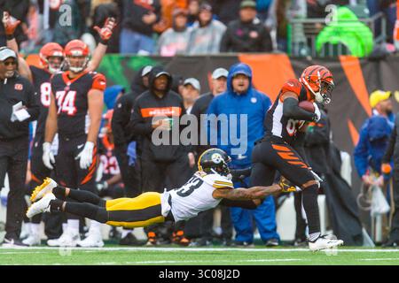 14. Oktober 2018: Pittsburgh Steelers Cornerback Joe Haden (23) taucht in einem Spiel zwischen den Pittsburgh Steelers und den Cincinnati Bengals im Paul Brown Stadium in Cincinnati, OH, gegen den Wide Receiver Tyler Boyd (83). Die Steelers gewannen mit 28:21. Adam Lacy/CSM(Credit Image: &Copy; Adam Lacy/CSM via ZUMA Wire) Stockfoto