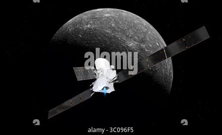 3. September 2018: US-amerikanische Darstellung des Raumschiffs BepiColombo in Kreuzfahrtkonfiguration mit Quecksilber im Hintergrund. Auf seiner 7,2-jährigen Reise zum innersten Planeten fliegt BepiColombo einmal auf der Erde, zweimal auf der Venus und sechsmal auf dem Mercury, bevor es in die Umlaufbahn geht. BepiColombo fährt mit einer Ariane-5-Rakete, die in den frühen Morgenstunden des 20. Oktober von Kourou aus startet. (Kreditbild: © ESA/ZUMA Wire/ZUMAPRESS.com) Stockfoto