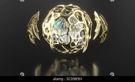 Magischer goldener Kristall auf schwarzem BG 3D-Rendering Stockfoto