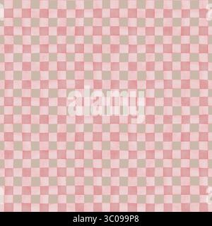 Nahtloses Muster in rosa kariertem Aquarell auf hellbraunem Hintergrund. Handgezeichnetes Textildesign mit einfacher Pinselstruktur und leuchtender Farbe. Ideal für Stockfoto