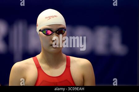 Berlin, Deutschland. Juli 2025. GE Chutong aus China reagiert vor dem Schwimmen-Finale der FISU World University Games in Berlin (20. Juli 2025) mit 4x200 m Freistil-Staffel der Frauen bei den Rhein-Ruhr 2025. Quelle: Li Ying/Xinhua/Alamy Live News Stockfoto