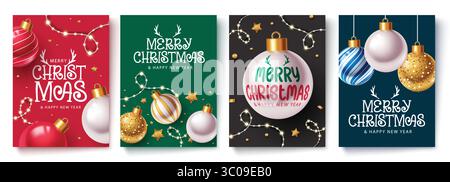 Weihnachtsposter Karten Clipart Design mit dekorativen Kugeln, Lichterketten und Grußtext Vektor Illustration. Weihnachtskartendesigns mit Gold, Re Stock Vektor