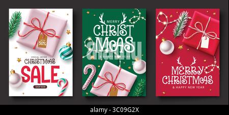 Weihnachtsverkauf und -Begrüßung Poster im Clipart-Design mit Geschenkverpackungen, Lichtern, Zuckerstangen und Weihnachtselementen. Weihnachtsgrüße und Sale Design P Stock Vektor