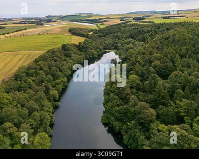 Aus der Vogelperspektive eines sich windenden Flusses, der den Himmel reflektiert, umgeben von dichten grünen Bäumen und goldenen Feldern, Pressmennan Wood, Dunbar, Schottland, Vereinigtes Königreich. Stockfoto
