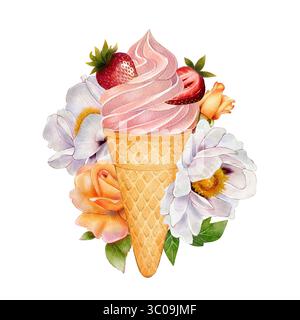 Aquarellkomposition mit rosa Serviereis in Waffelkegel, Erdbeeren, weiße Pfingstrosen, orange Rosen isoliert auf weißem Hintergrund. Für den Sommer de Stockfoto