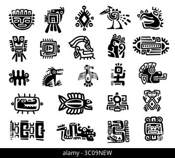 Antike Stämme der aztekischen, Inka- und mexikanischen Kulturen. Masken, Totems, Tiere, Götter und geometrische Symbole. Spirituelle mythologische Elemente. Fett Stock Vektor