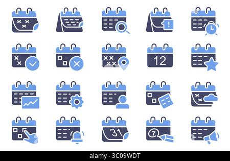 Symbol für Kalenderereignis. Sammlung von Symbolen für die Erinnerung an den Terminplan, die für Termintermine verwendet werden können, und Symbole für die Organisation der Termintermine. Vektorkalender festgelegt Stock Vektor
