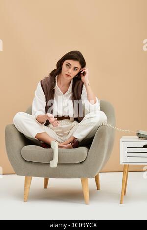 Eine junge Frau mit langen braunen Haaren entspannt sich in einem stilvollen Stuhl, gekleidet in einem trendigen Outfit. Stockfoto