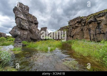 16. Juli 2017 - Island - Island - Thingvellir, das Grabenbruchtal, das den Kamm des Mittelatlantischen Rückens und die Grenze zwischen der nordamerikanischen tektonischen Platte und dem Eurasischen markiert (Bild: © Edwin Remsberg / Vwpics/VW Pics Via ZUMA Wire) Stockfoto
