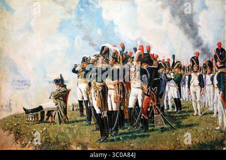 Napoleon I. auf den Borodino-Höhen, von Vassily Vereshchagin (1897). Die Schlacht bei Borodino, oder die Schlacht bei Moskau, fand am 7. September 1812 während Napoleons Invasion Russlands am Stadtrand von Moskau in der Nähe des Dorfes Borodino statt. Die Grande Armée kämpfte gegen die kaiserliche russische Armee. Nach dem russischen Rückzug in der Schlacht von Smolensk war die Straße nach Moskau offen. Stockfoto