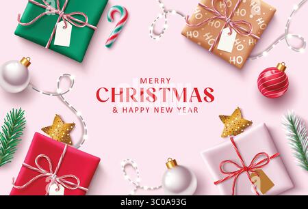 Buntes Weihnachtsvektor-Design-Banner mit Weihnachtselementen in rosafarbenem Hintergrund. Stock Vektor