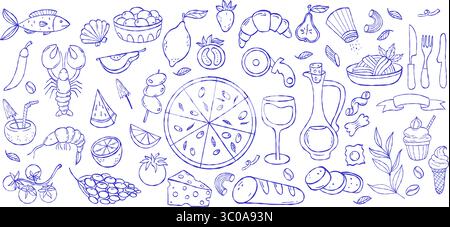 Mediterranes Blau Sommer italienische Speisen und Getränke. la Dolce vita. Outline Vintage-Ästhetik isolierte minimal skurrile Handzeichnungen auf Wi Stock Vektor