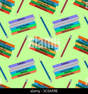 Nahtloses Muster mit bunten flachen Themenbuch und Bleistiftvektor-Illustration auf grünem Hintergrund. Für Back-to-School-Themen, Schulbedarf oder Notfall Stock Vektor