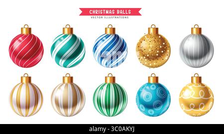 Weihnachtskugeln mit Print und Muster Clipart Set, festliche Weihnachtsdekoration Clipart Set, glänzende bedruckte und gemusterte Weihnachtskugeln Kollektion für Chri Stock Vektor