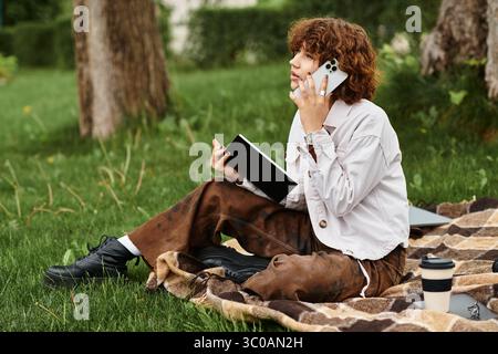 Eine junge Frau entspannt sich auf einer Decke in einem grünen Park und spricht mit einem Notebook in der Nähe. Stockfoto