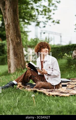 Eine junge Frau mit lockigem Haar entspannt sich auf einer Decke in einem grünen Park, tief in ihr Buch eingetaucht. Stockfoto