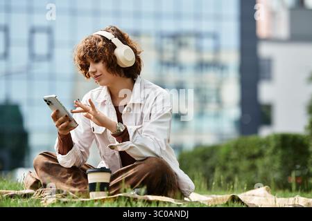 Eine Frau mit lockigen Haaren sitzt auf einer Decke, in Musik eingetaucht, umgeben von der Natur. Stockfoto