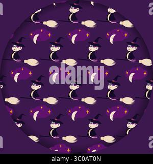 Hexenschlange, die auf Besenstiel am Himmel mit Wolken- und Sternmuster Fliegen mit Kreis Papier geschnitten Hintergrund. Isolierte Vektor-Illustration Halloween Gruß Thematische Karte Fond Party Einladung, Banner, Flugblätter Stock Vektor