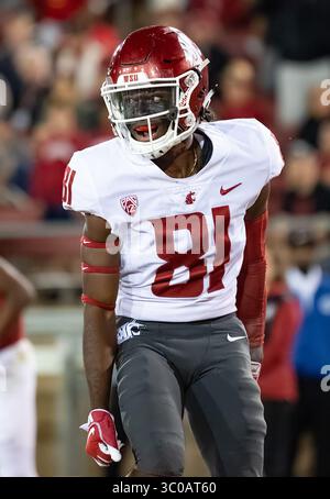 27. Oktober 2018: Der Wide Receiver der Washington State Cougars Renard Bell (81) feiert seinen Touchdown im vierten Quartal, während eines NCAA-Fußballspiels zwischen den Washington State Cougars und dem Stanford Cardinal im Stanford Stadium. Valerie Shoaps/CSM(Kreditbild: &Copy; Valerie Shoaps/CSM via ZUMA Wire) Stockfoto