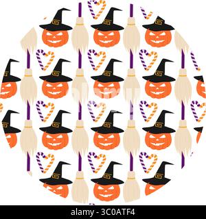Halloween Kürbisse in Hexenhut gestreiftes Herzform Candy Stock und Besen nahtloses Muster auf Kreis. Isolierte Vektor-Illustration Halloween Gruß Hintergrund Party Einladung oder Banner, Flugblätter, Preis Stock Vektor