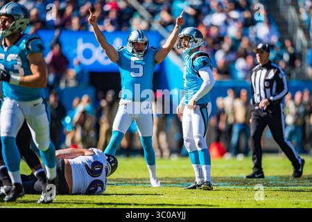 Carolina Panthers Kicker Graham Gano (9) und Carolina Panthers Punter Michael Palardy (5) während des NFL-Fußballspiels zwischen den Baltimore Ravens und den Carolina Panthers am Sonntag, den 28. Oktober 2018 in Charlotte, NC. Jacob Kupferman/CSM(Kreditbild: &Copy; Jacob Kupferman/CSM via ZUMA Wire) Stockfoto