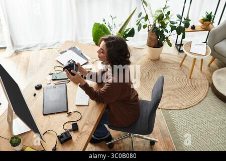Freelancer mit lockigen Haaren, der in kreative Aufgaben eingetaucht ist, umgeben von Pflanzen und Designwerkzeugen. Stockfoto
