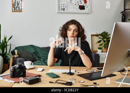 Eine junge Frau mit lockigen Haaren konzentriert sich auf ihre Arbeit, während sie zu Hause arbeitet. Stockfoto
