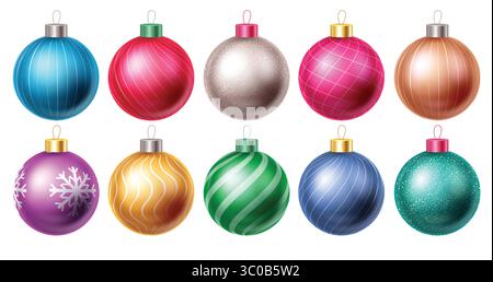 Weihnachtskugeln mit Print und Muster Clipart Set, festliches Weihnachtsschmuck Clipart Set, bedruckte und gemusterte Weihnachtskugeln Kollektion für Dezember d Stock Vektor