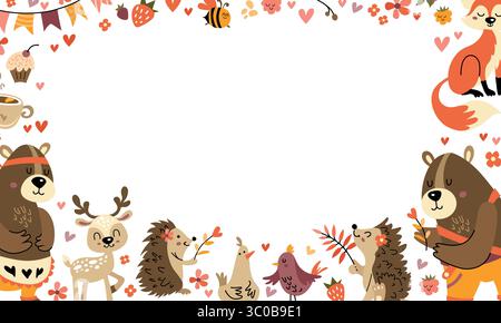 Hintergrund für Text mit niedlichen Waldtieren. Niedliche Kinder mit wilden Tieren. Herbsthintergrund perfekt für Kinder. Stock Vektor