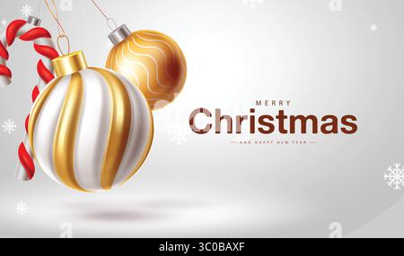 Frohe Weihnachtsgrüße Vektor-Design. Weihnachtsgrüßtext mit Goldkugeln und Zuckerrohr perfekt für Grüße und Weihnachtskarte Vektor Illus Stock Vektor