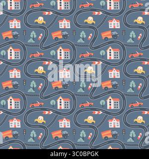 Nahtloses Muster für Kinder mit Auto, Bus und Straße. Perfekt für Stoff, Digitalpapier, Karten Stock Vektor