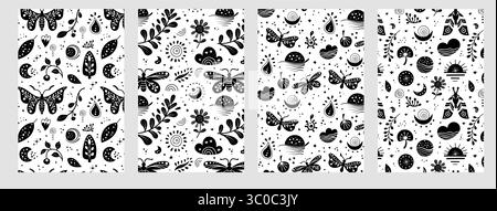 Nahtloses Neo-Folk-Muster mit Schmetterling, Motte und Blumen, schwarz-weißem Blumenmuster. Set Neo Folk Style endlose Hintergründe perfekt für Textilien Stock Vektor