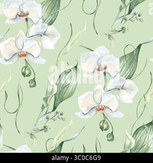 Orchideenblüten, Lilienknospen, blassgrüne Blätter Aquarell Blumen wiederholen Hintergrund isoliert. Botanisches nahtloses Muster neutrale Töne handgezeichnet Stockfoto