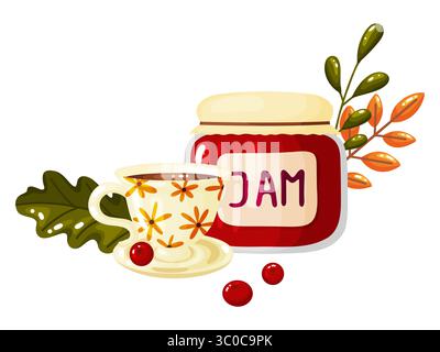 Wundervolle Illustration einer gemütlichen Teetasse mit Blumenmustern und einem Glas Marmelade umgeben von Herbstblättern und Preiselbeeren. Diese warme und charmante Kunst Stock Vektor