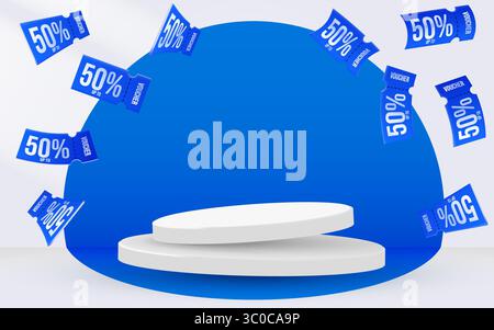 Flash-Verkaufs- oder Mega-Verkaufs-Banner. Buntes Podium-Banner mit Gutscheinen oder Coupons für Rabattverkäufe. Vektorabbildung Stock Vektor