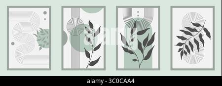 Poster mit Zen-Bogen, botanischem Element, einfachen Bogenformen und Blättern. Geometrisches japanisches Zen-Muster minimale Elemente. Boho-Style-Streifen Stock Vektor