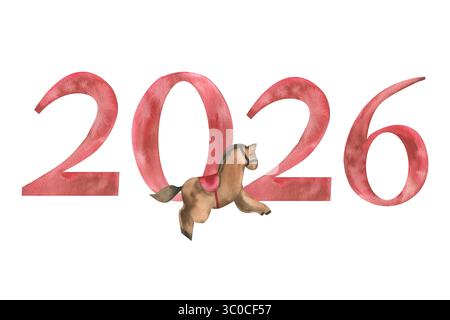 Neujahrsbeschriftung mit den roten Zahlen 2026 und einem Wasserfarbenbanner für das Vintage-Spielzeug. Isoliertes jährliches festliches Datum mit Weihnachtsdekoration, handgezeichnet ist Stockfoto
