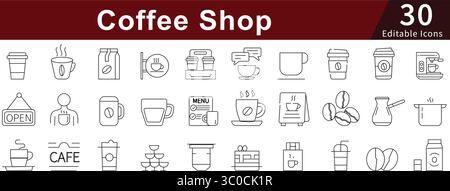 Coffee Shop bearbeitbare Linien-Icons für Cafe, Espresso, Barista und Coffee Business Stock Vektor