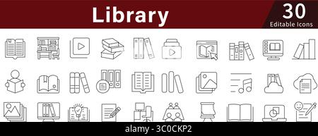 Bibliotheks-bearbeitbare Zeilensymbole für Bücher, Bildung, Lesen und akademische Ressourcen Stock Vektor