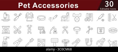 PET-Zubehör editierbare Liniensymbole für Hunde-, Katzen-, Tier- und Haustierpflegeprodukte Stock Vektor