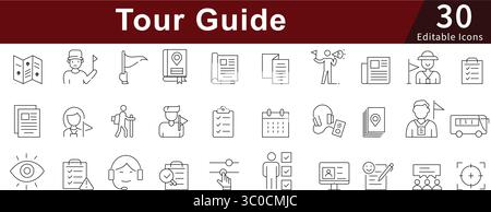 Bearbeitbare Linien-Symbole für Reise-, Tourismus-, Sightseeing- und Tourismusdienste Stock Vektor