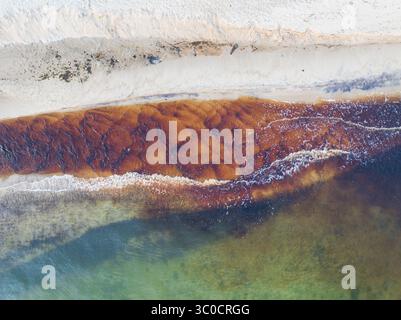 Abstrakter Blick aus der Luft auf einen Fluss mit Torfwasser, das in das Meer fließt und einen atemberaubenden Kontrast zum weißen Sandstrand schafft. Stockfoto