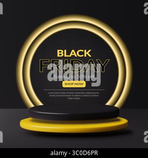 Black Friday Sale Bannerdesign mit 3D-Podium und Ringen aus goldenem Licht auf dunklem Hintergrund Stock Vektor