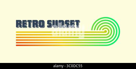 Farbenfroher Sonnenuntergang im Vintage-Stil. Verschiedene gestreifte Sonnenaufgangsabzeichen im Stil der 80er und 90er Jahre. Blick auf Sonne und Meer, Sommerstimmung, Surfen. Designelement für Stock Vektor