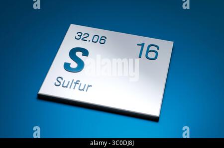 Schwefel, Periodenelement. Schwefel, Periodenelement. Wissenschaft, Feststoffe, chemische Elemente, Struktur, Atomgewicht, atomzahl. 3D-Illustration science027s periodic table Element sulfur Stockfoto