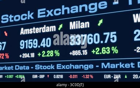 Amsterdam, Mailänder Aktienindex steigt. Amsterdam, Mailänder Aktienindex steigt. Börse, Börsenausschuss, Marktdaten, Geschäft, Investition, Währungsinformationen. Img Stock market111s7 Market Data Stockfoto