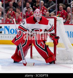 8. November 2018: Chicago, Illinois, USA - Torwart #33 Scott Darling in Aktion während des Spiels der National Hockey League zwischen den Chicago Blackhawks und den Carolina Hurricanes im United Center in Chicago, IL. (Credit Image: &Copy; Mike Wulf/CSM via ZUMA Wire) Stockfoto